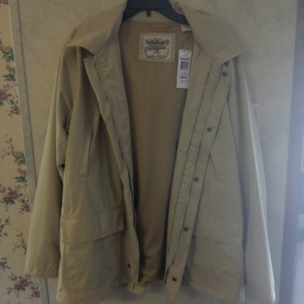 Mens Large Timberland Stratham Issue Beige/Tan Hooded Zip Up Outdoor Jacket Coat